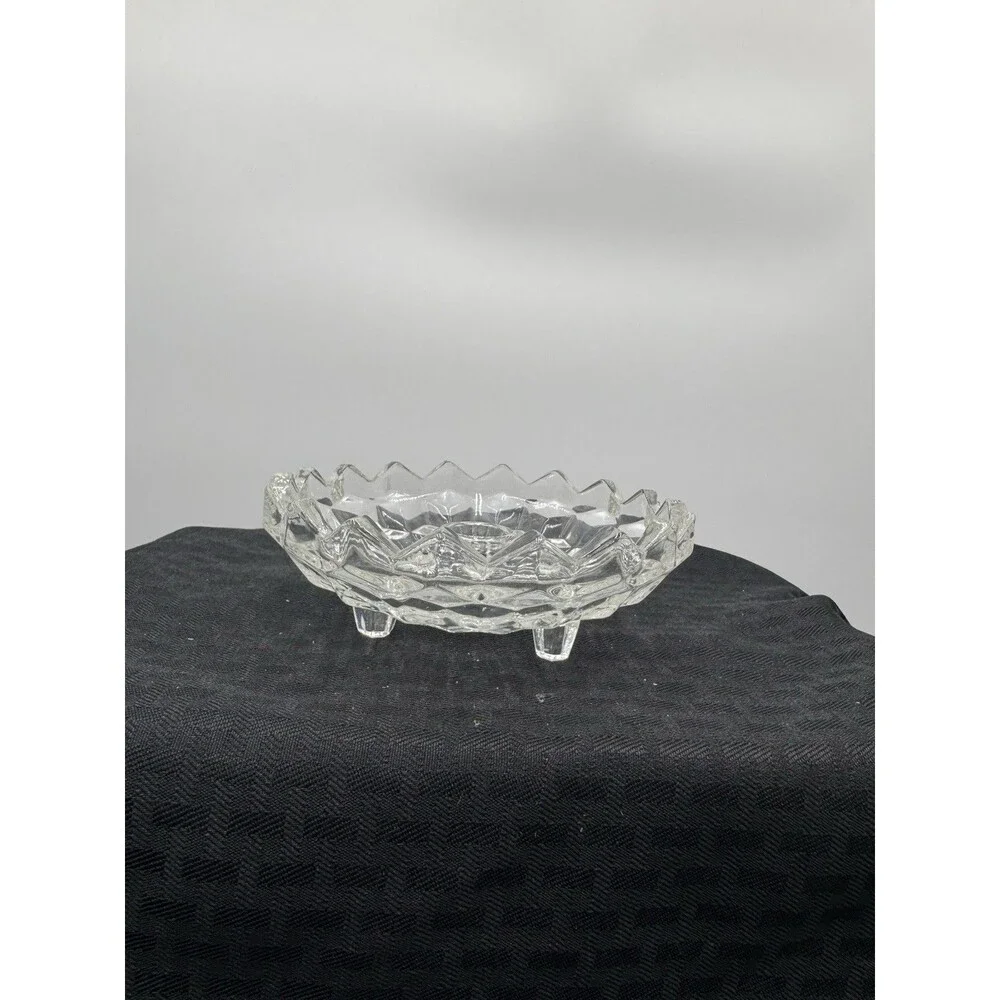 VTG FOSTORIA AMERICAN CLEAR GLASS 3 FOOTED ROUND CANDLESTICK HOLDER 6 3/8